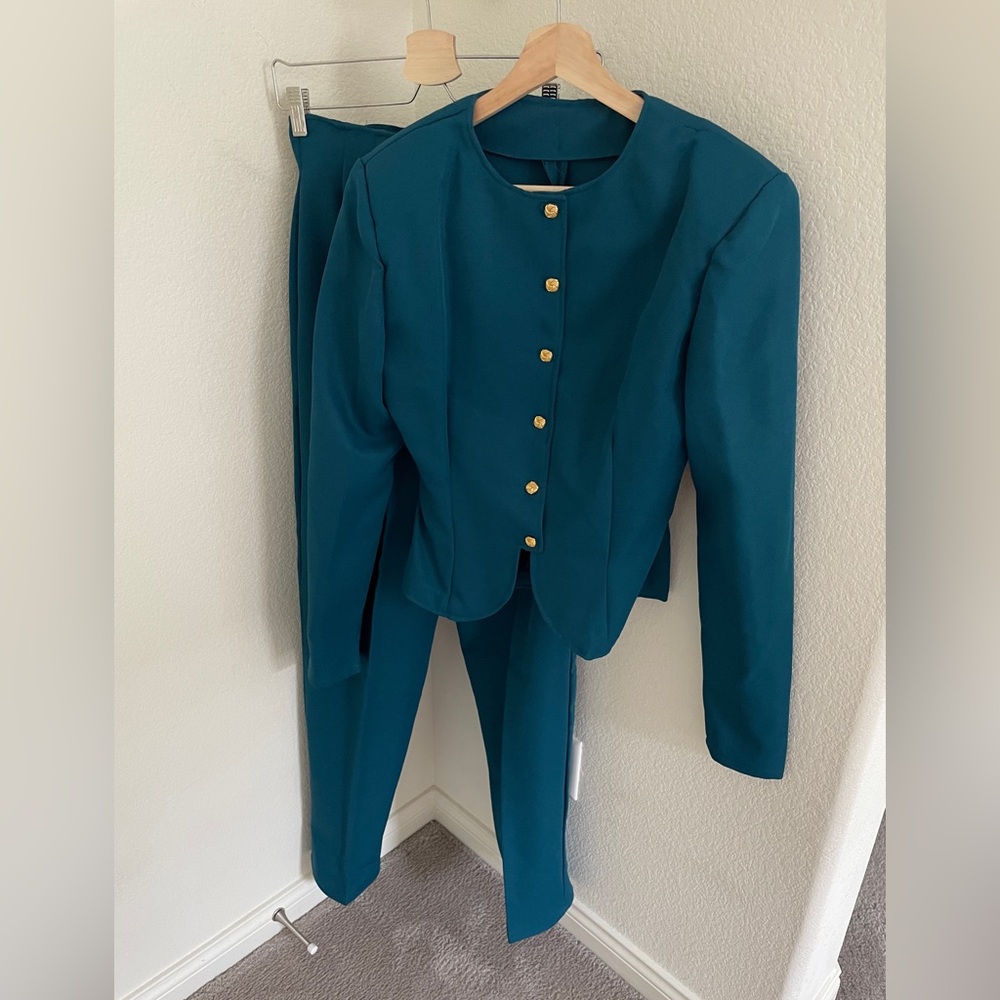Teal Women's Two-Piece Pantsuit with Gold Buttons - Picture 2 of 12